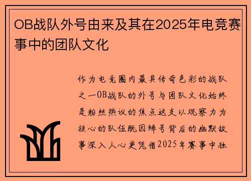 OB战队外号由来及其在2025年电竞赛事中的团队文化
